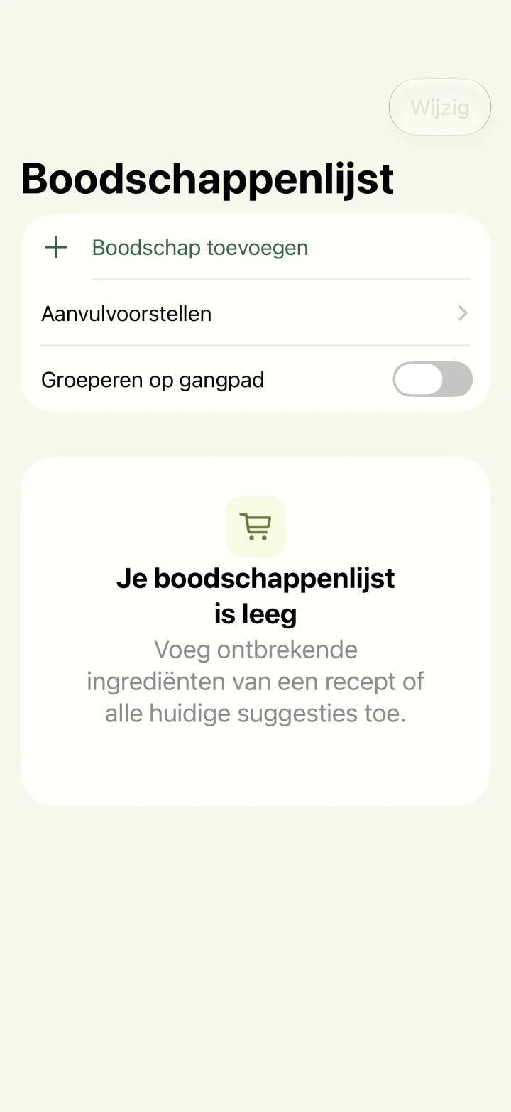 Boodschappenlijst met opties om producten toe te voegen en op gangpad te groeperen
