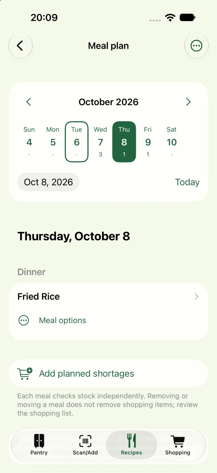 English meal plan with Fried Rice on Thursday and Add planned shortages