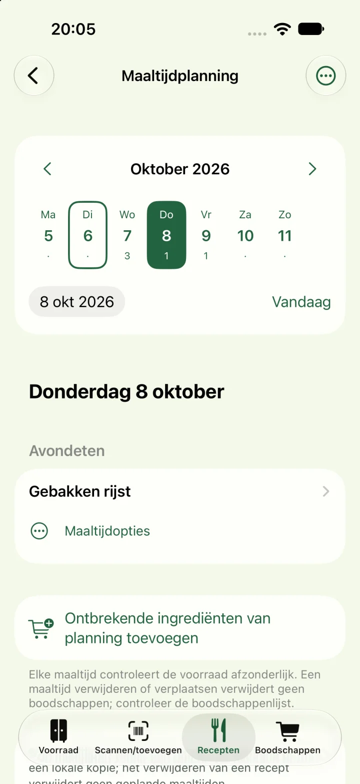 Maaltijdplanning met gebakken rijst op donderdag en de actie voor ontbrekende ingrediënten