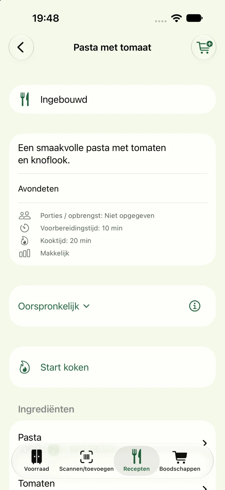 Nederlands receptscherm voor pasta met tomaat, met ingrediënten en Start koken