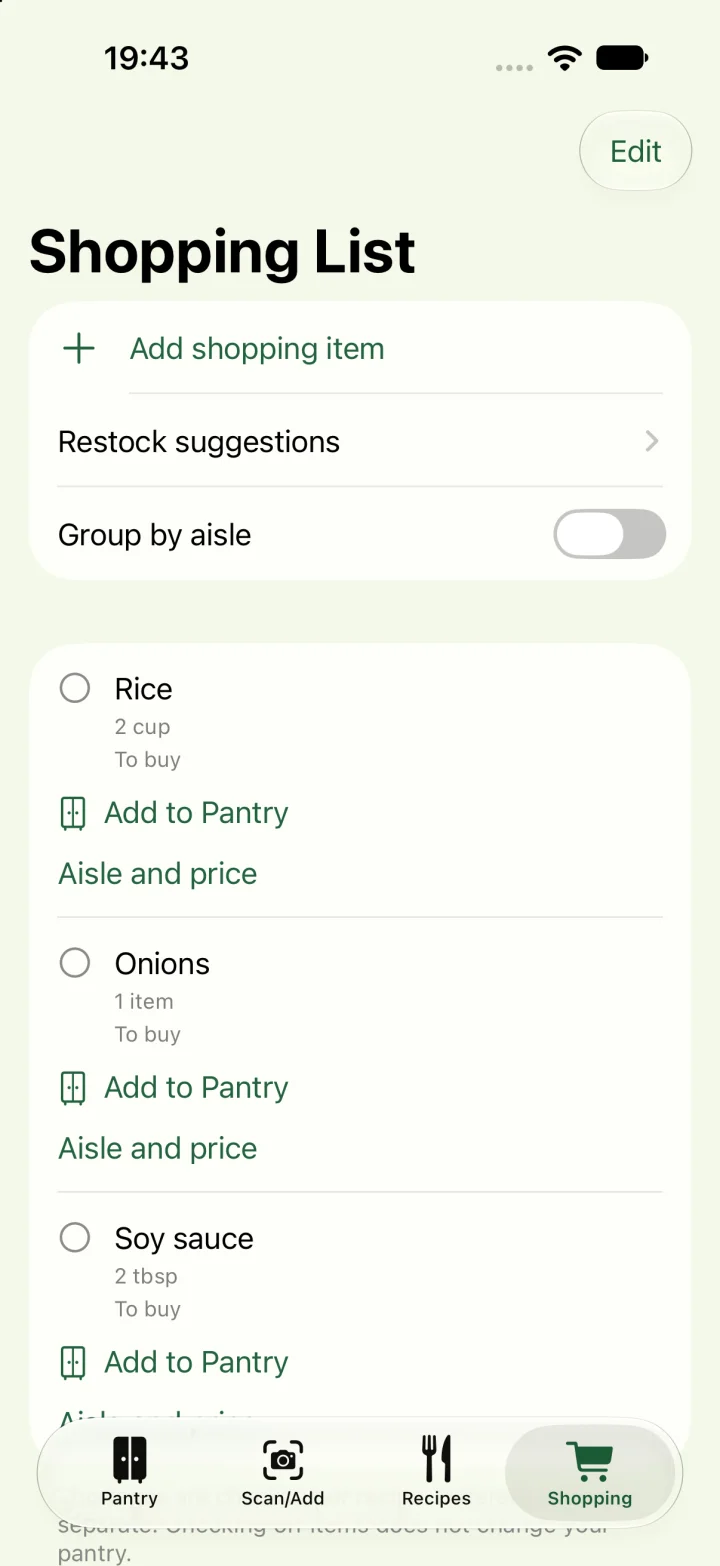 English shopping list with rice, onions and soy sauce, and options to group by aisle